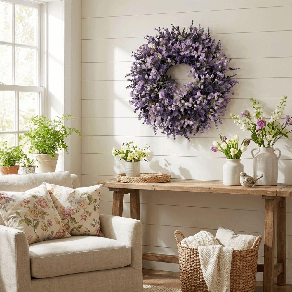 Lifelike Artificial Lavender Wreath Vivid Colors Fake Flower Wreath Spring Wreath  Wall Hanging