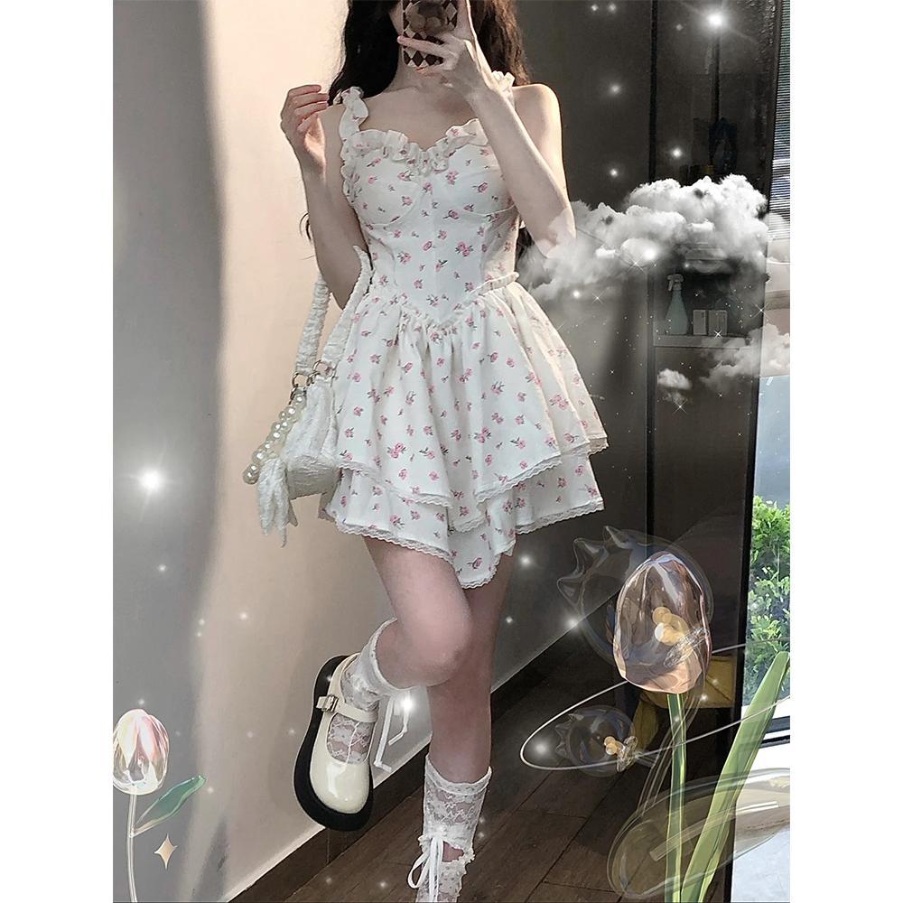 Small fairy puffy short dress white floral suspender dress female summer temperament waist