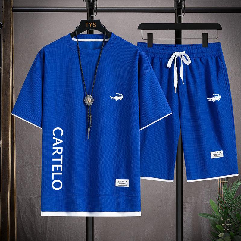 2025 Sommer Herren Faux Zweiteiler Waffel T-Shirt & Shorts Freizeit Sport Set
