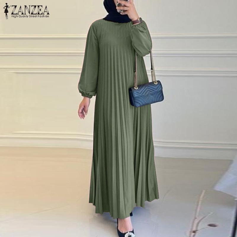 ZANZEA Women Casual O-neck Loose Long Sleeve Pleated Dress
