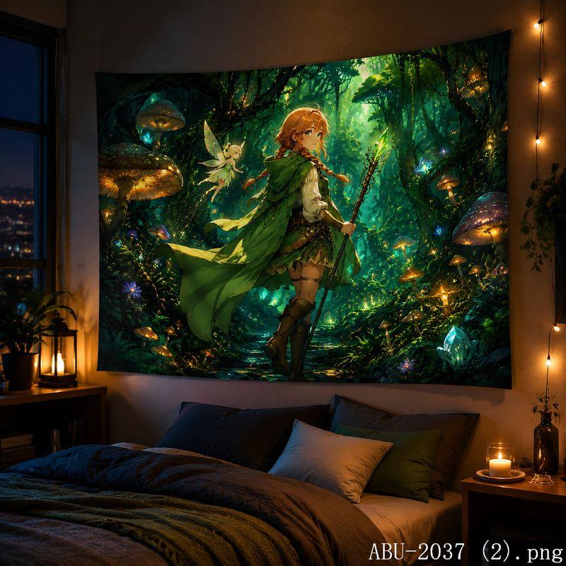 Forest Girl Cute Cartoon Aesthetic Tapestry Cure Landscape Cartoon Wall Hanging Anime Bedroom Dormitory Home Decoration