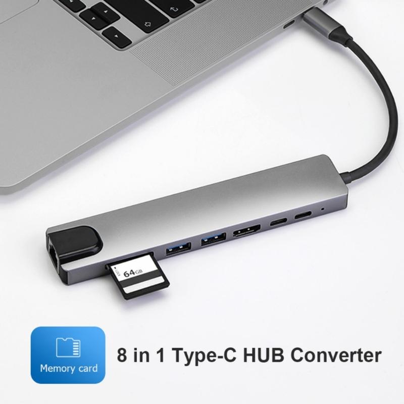 8 In 1 Multiport Adapter with Gigabit Ethernet USB Port Type-C Port Card Reader Type-C Hub Dongle Docking Station