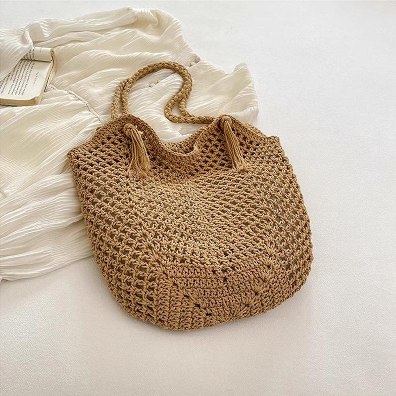 Casual Large Capacity Commuter Cotton Woven Bag Hollow Straw Bag Lazy Style Beach Vacation Shoulder Bag for Women