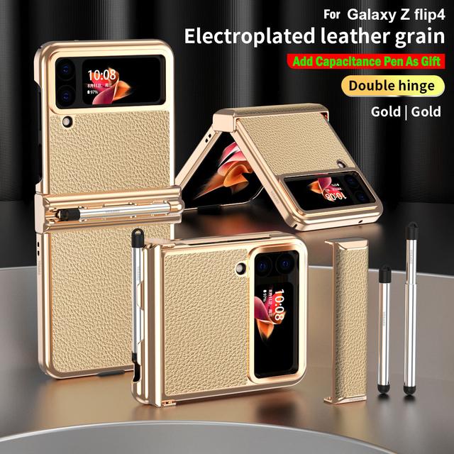 For Samsung Z Flip 4 etui Dobbelt hengsel med pennspor plating lærdeksel for Galaxy Z Flip 4 hengslet etui + kapasitans berøringspenn