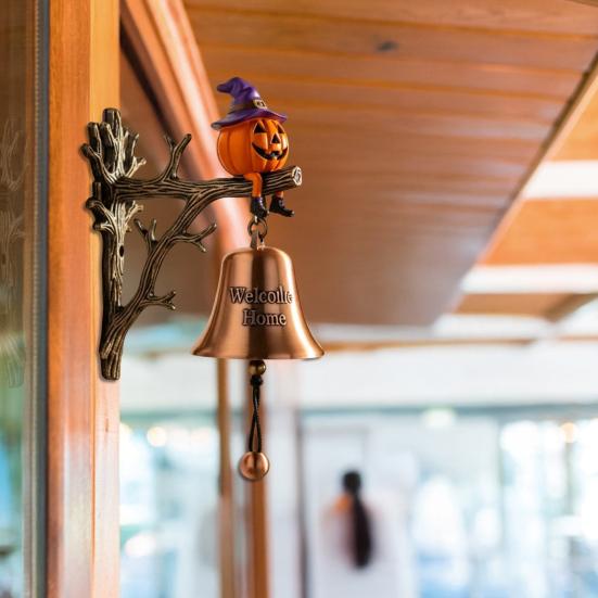 Halloween Witchy Pumpkin Welcome Bell Spooky Cartoon Witch Hat Pumpkin Metal Door Bell Home Office Entrance Wall Decorative Bell