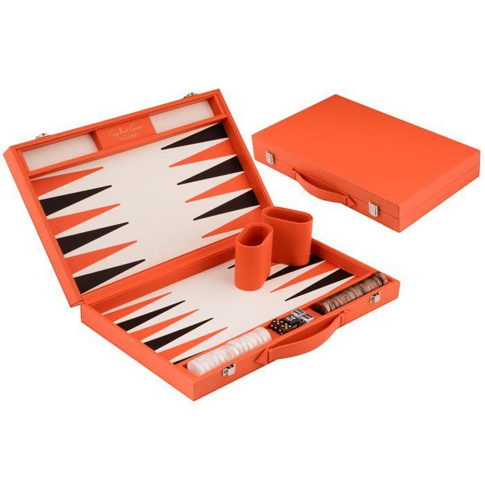 Backgammon de Luxe - ENGELHART - Prestige Kunstleder Orange & Braun - 18" Großformat - Harter Koffer - Marmorierte Figuren