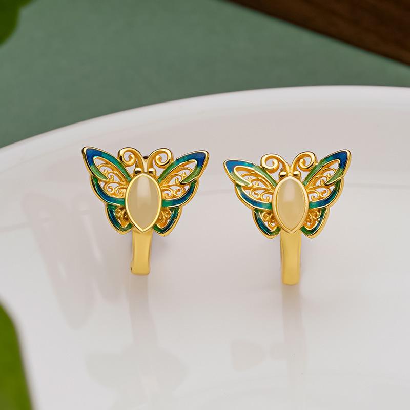Tichiya S925 Butterfly Earrings: Elegant Chinese Style with Hetian Jade & Enamel S925 Silver