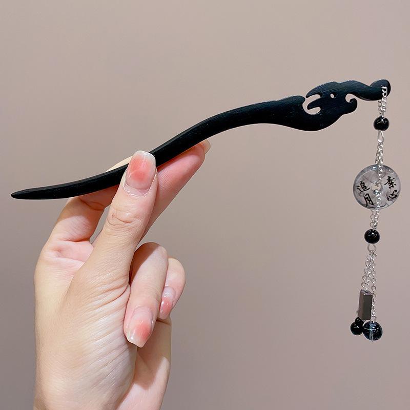 High-End Chinese Wooden Hairpin with Tassels – Ancient Style Ebony Faux for Women