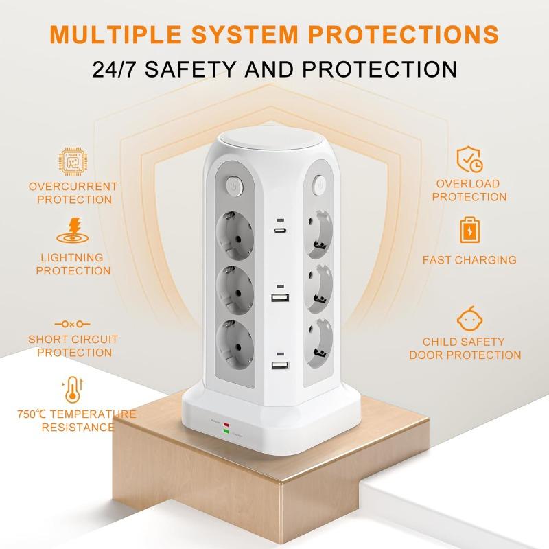 18 IN 1 Multi-socket Power Strip with 12 Outlet 4 USB 2 Type C 4 Switches Tower Socket Surge Protection 5M Extension Cord
