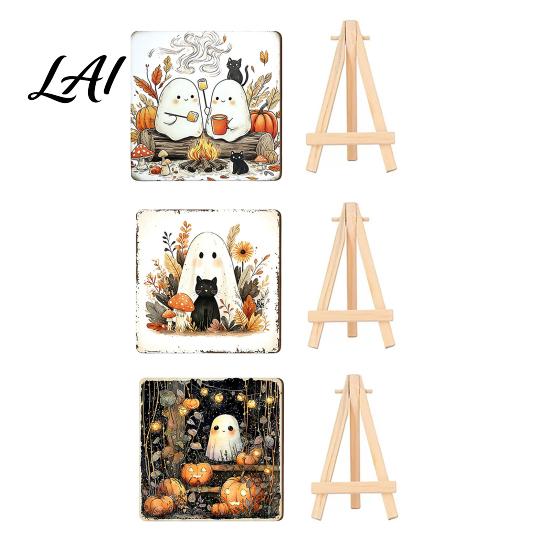 Wooden Ghost Figurine for Shelf Halloween Wood Tabletop Sign with Mini Easel Cute Pumpkin Decorative Signs Autumn Plaque Rustic Ornament Home Decor