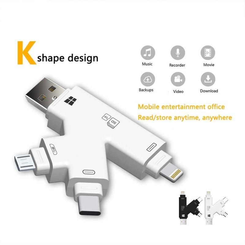 USB 2.0 SD Kart Okuyucu 4'ü 1 Arada Çok Fonksiyonlu Lightning Tip-C USB Mikro USB Arayüzü K Şekli Tasarımı