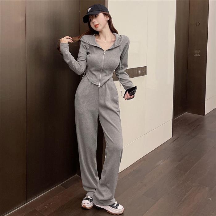 

Sports suit women s spring and autumn new long-sleeved cardigan irregular sweater high-waisted casual wide-leg pants two-piece set S серый
