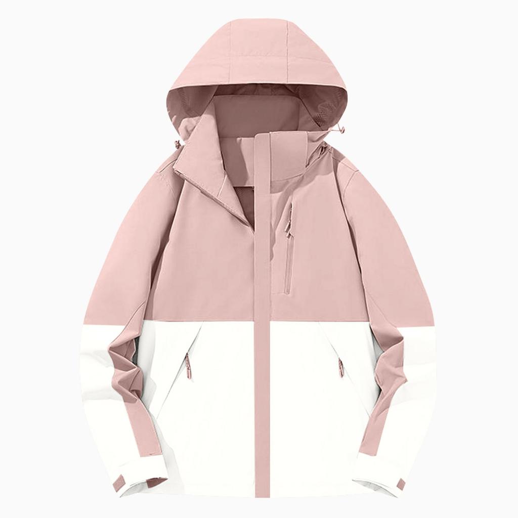 Women Solid Stripe Rain Jacket Outdoor Plus Waterproof Hooded Raincoat Windproof