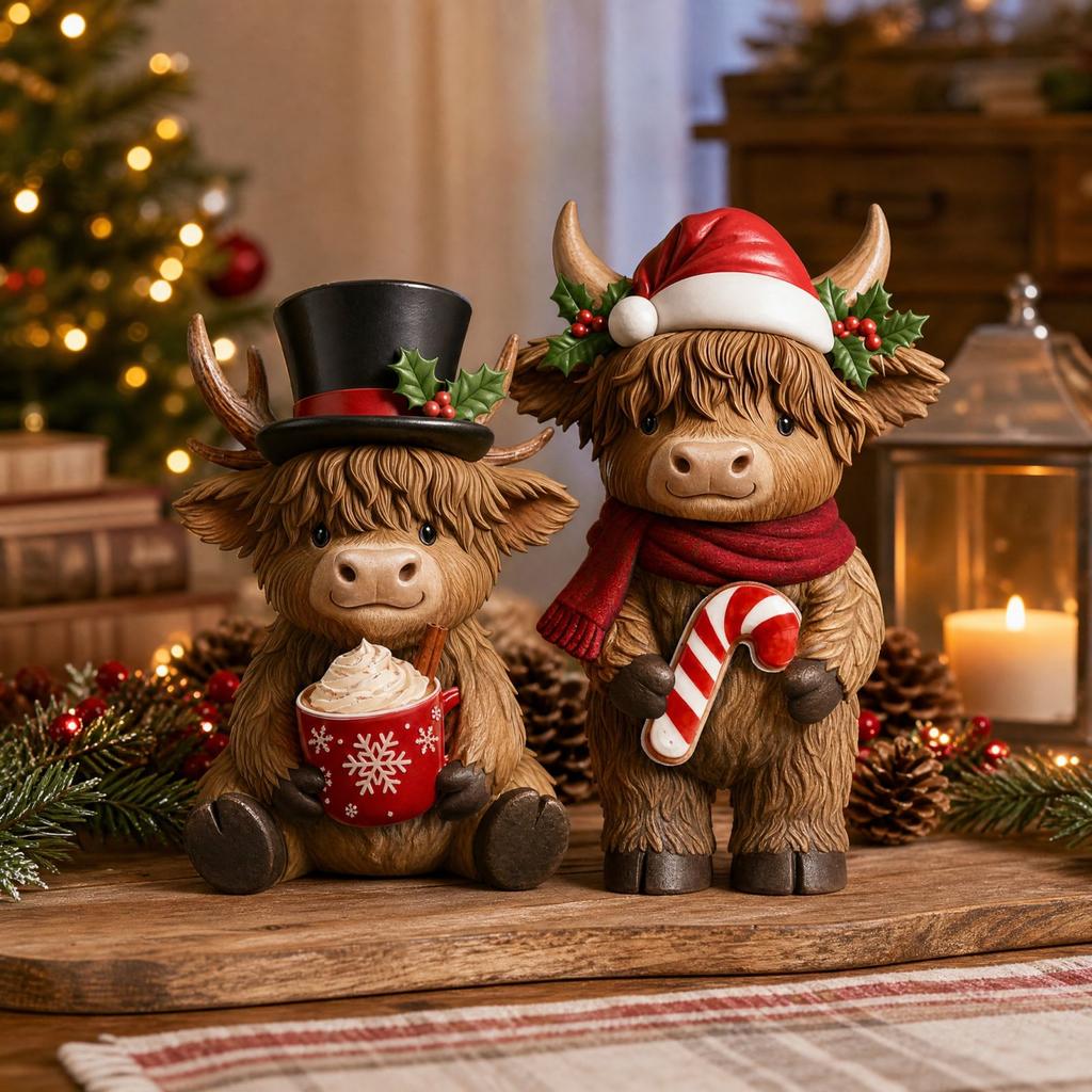 Christmas Cow Tabletop Decorations 2-Piece Set with Hot Cup and Candy Cane, Holiday Figurines