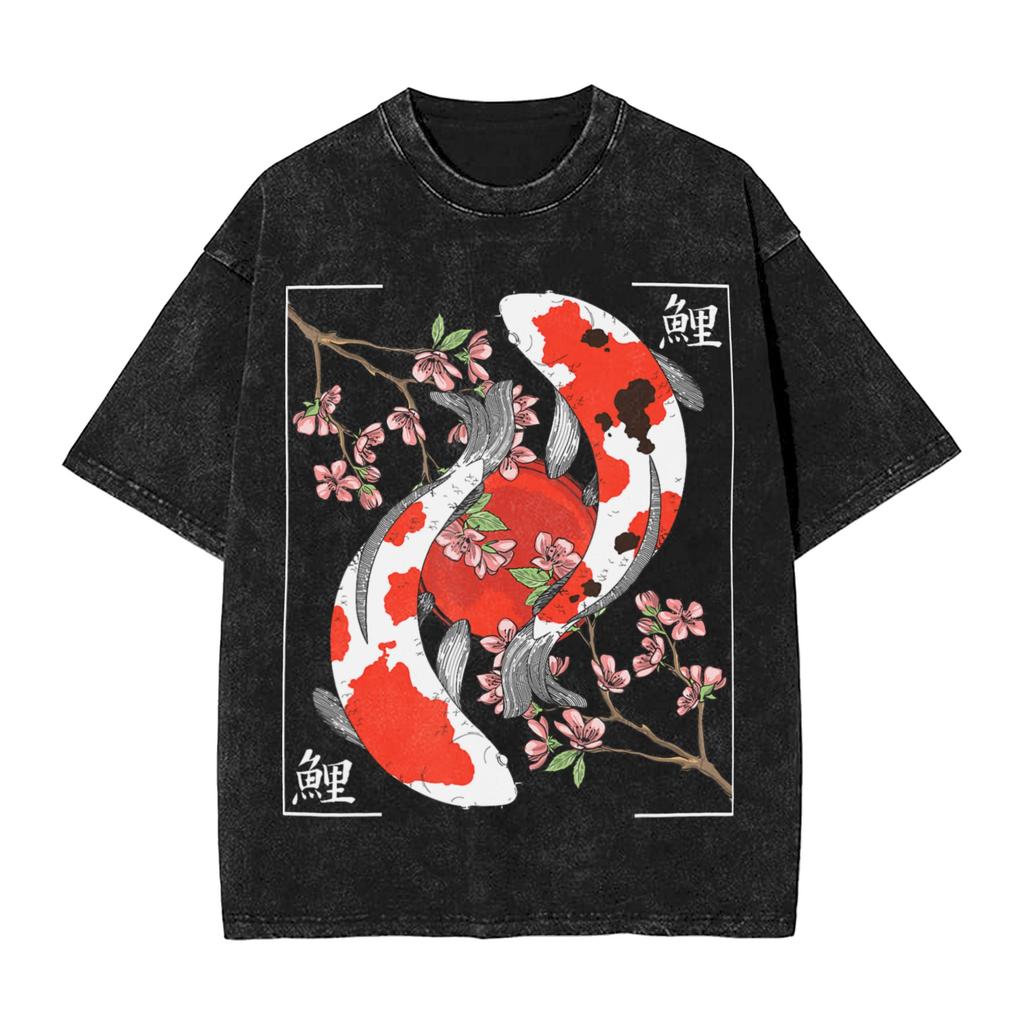 Koi Karpfen Fisch Japanische T-Shirts Gewaschen Kurzarm Harajuku T-Shirts Vintage Herren Damen Streetwear Bedrucktes T-Shirt