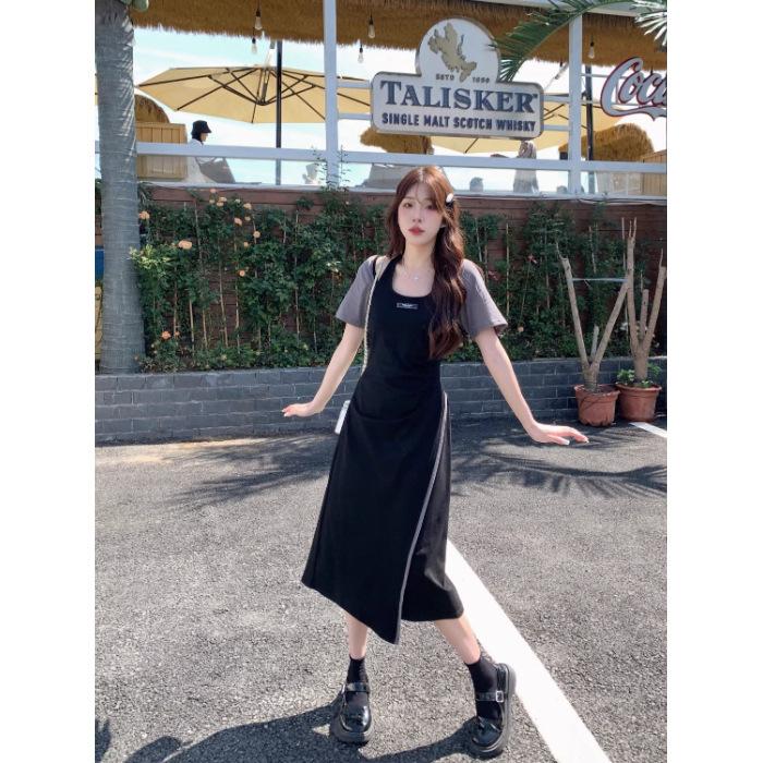

Design sense Fashion irregular split long dress Xia Chun wants Spice Girl style thin hanging neck fake two-piece dress XL чорний
