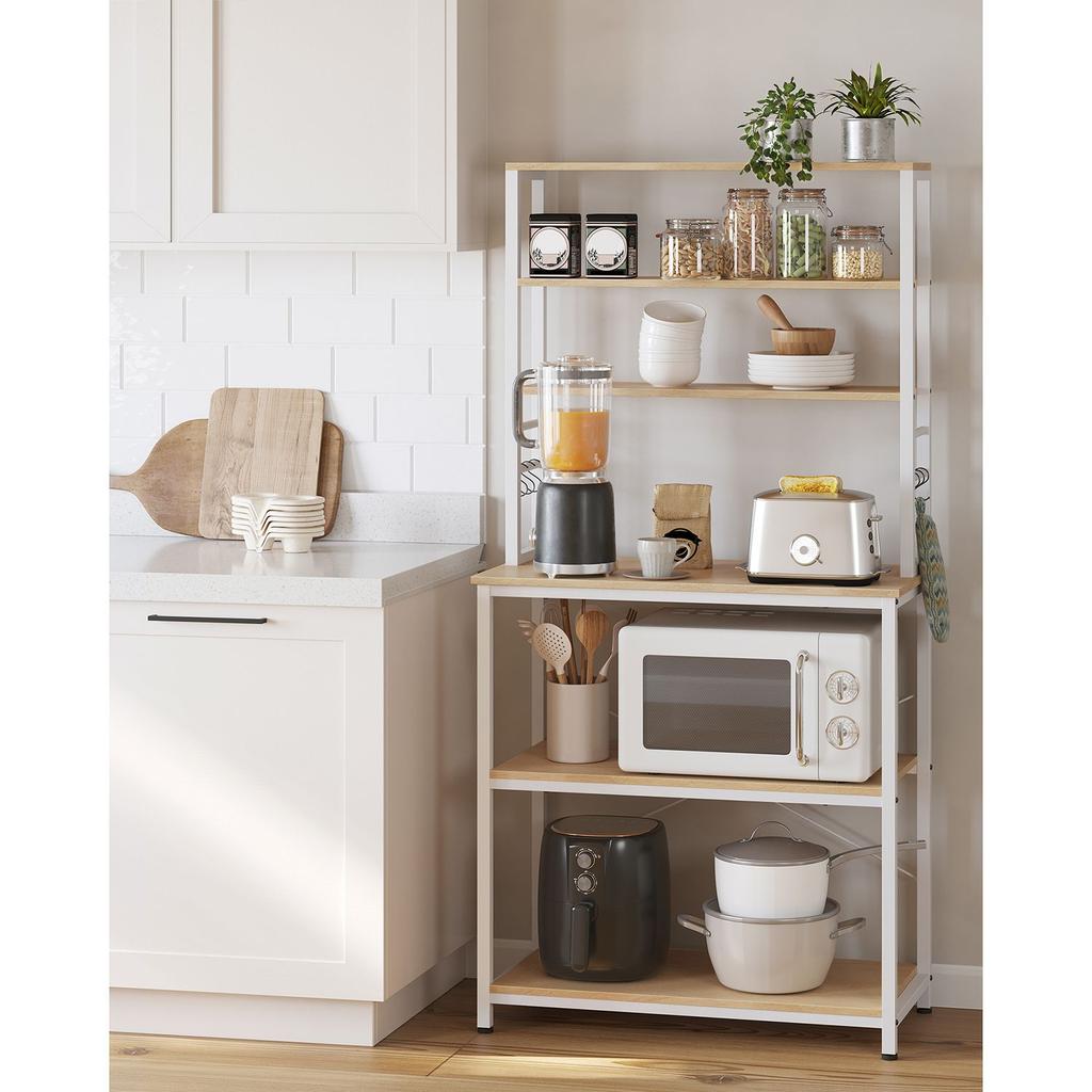 VASAGLE Kitchen Shelf Stand Rack Microwave Shelf Stand 6 Tier 6 Shelves and 6 Hooks Microwave Steel Frame Industrial Design 40 x 80 x 167 cm Oak White