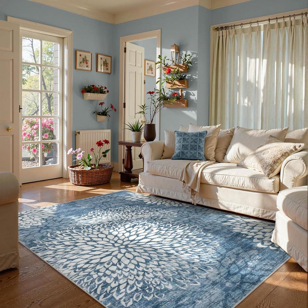 Blue Dahlia Floral Rug, Washable Non Slip Carpet for Living Room Bedroom, Versatile Boho Home Decor