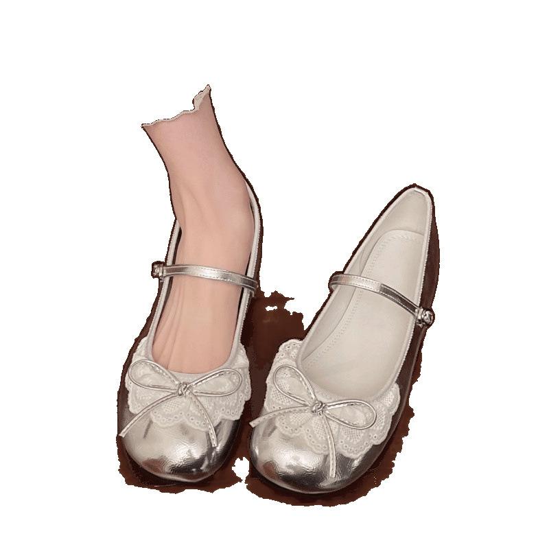 French silver Mary Jane bow flat bottom light mouth single shoes spring and autumn new summer with skirt Doudou shoes