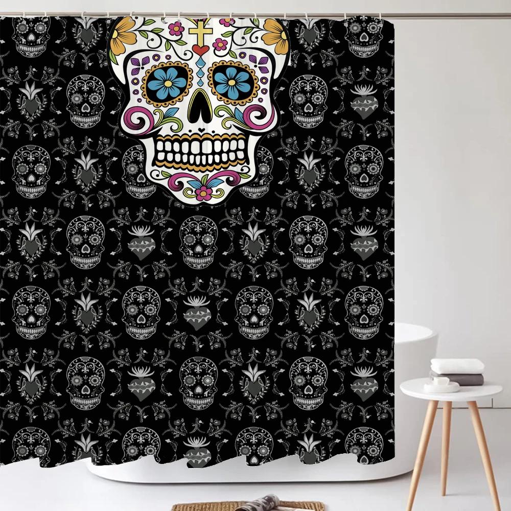 

Funny Skull Skeleton Halloween Printed Shower Curtain Bathroom Curtains Home Decor Waterproof Polyester Fabric with Hooks W90xH180cm