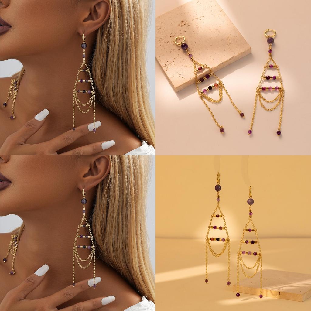 Elegant Geometric Gold Plated Purple Crystal Chain Dangle Earrings For Women