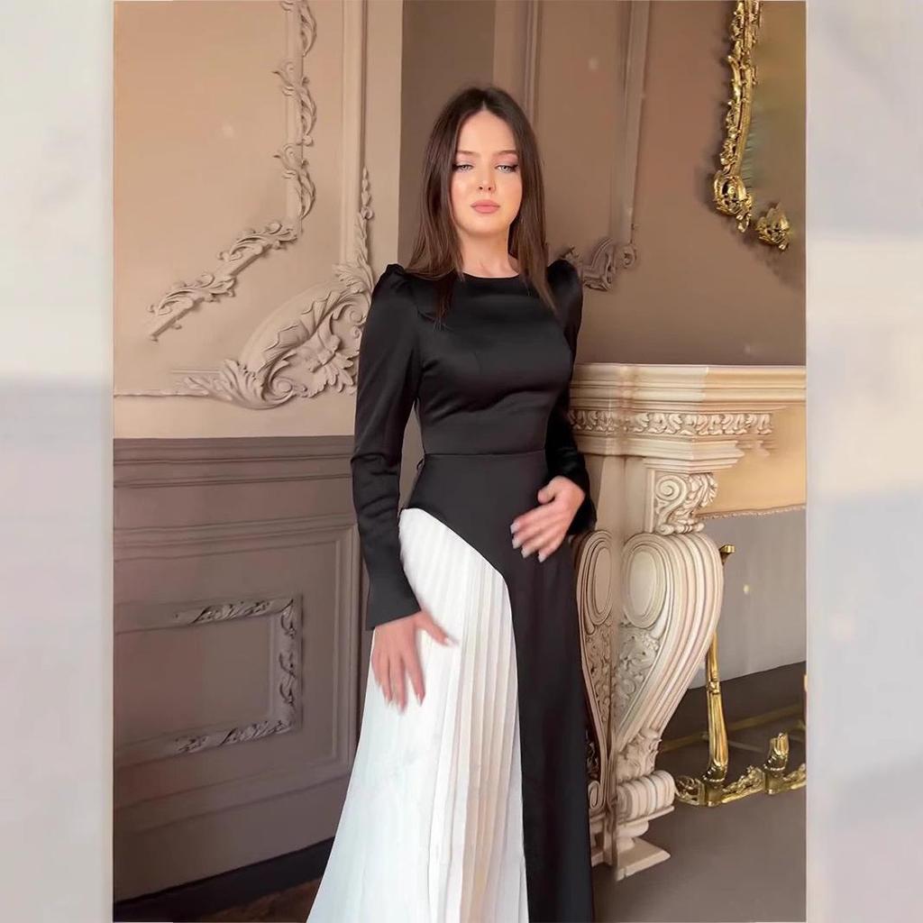 2025 Herbst/Winter Europäisch & Amerikanisch Colorblock Langarm Plissiertes Slim-Taille Bindekleid