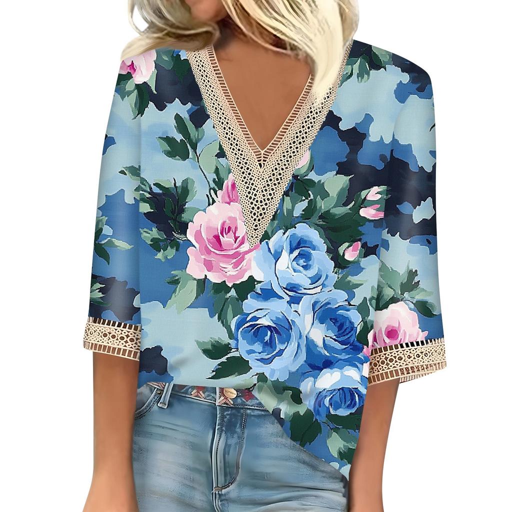 Women's Vintage Print Lace Top With Three-quarter Sleeves Top
