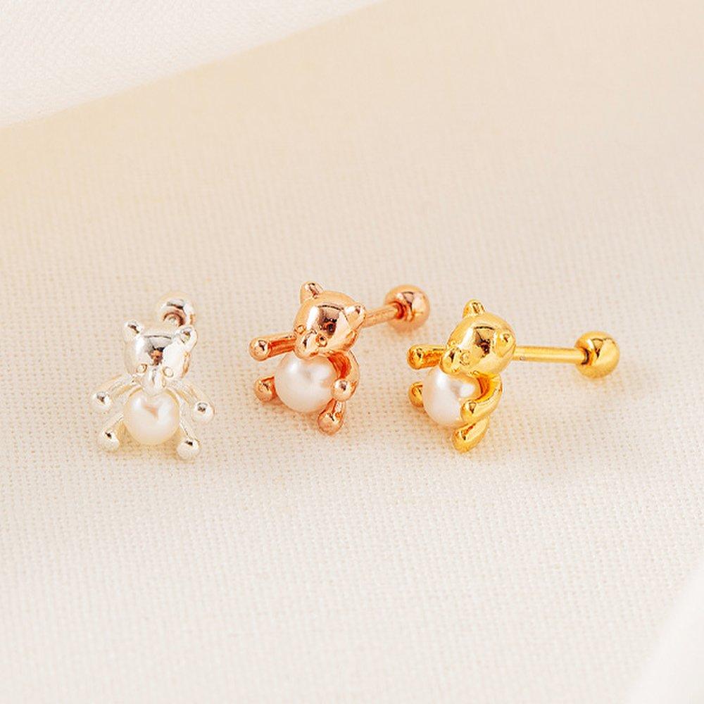 [925 Silver] Hug Pearl Bear Piercing (21Ps013)