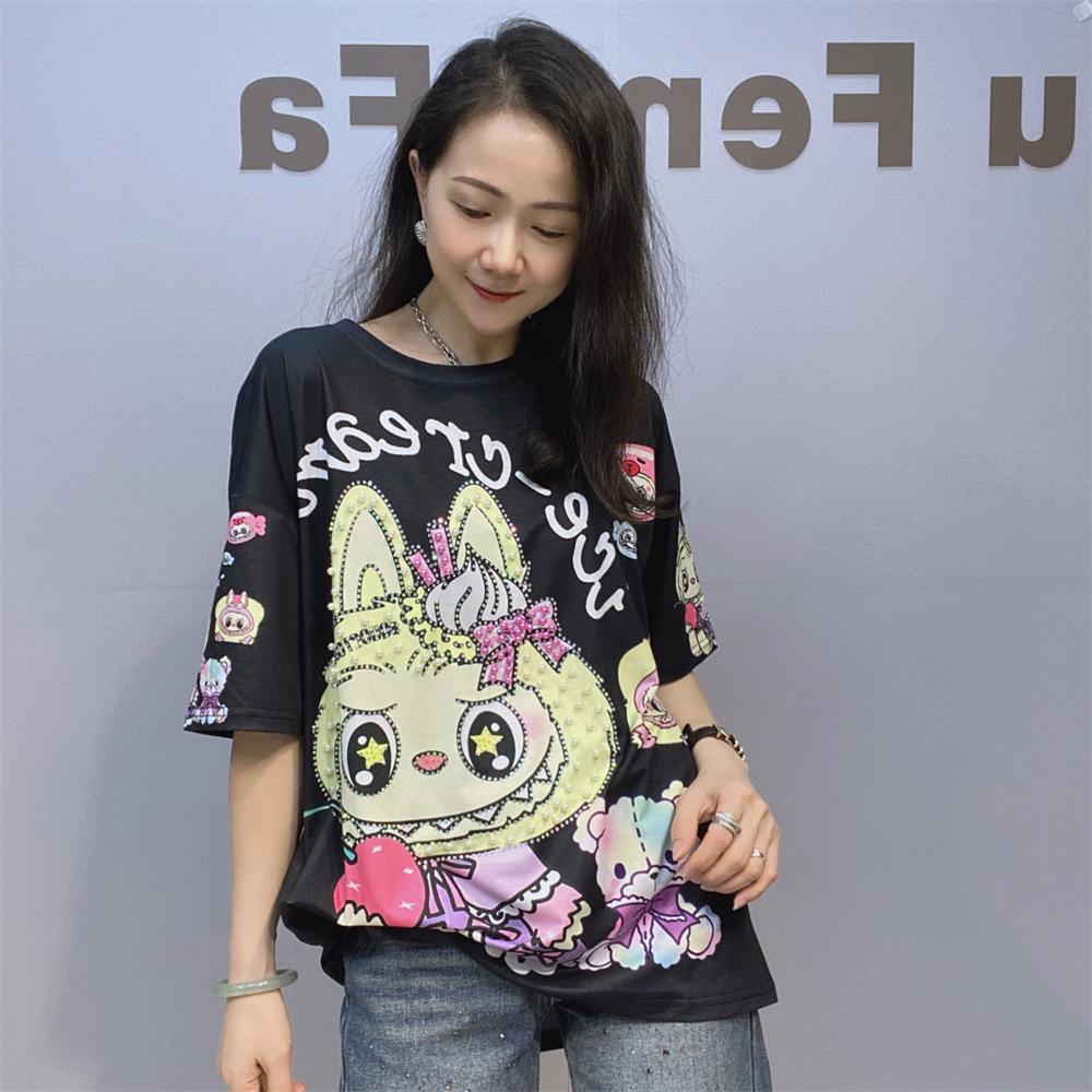 

Plus Size Embroidered Flares Short Sleeve T Shirts Women Summer Clothing Thin Casual Loose O Neck Printed Tops Diamonds Knitwear one size