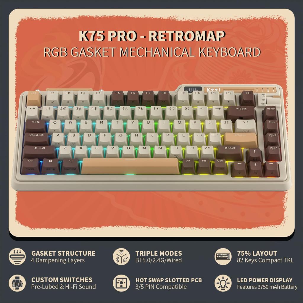 KZZI K75 PRO RGB Wireless Gasket Mechanical Triple Mode 82 Keys Hot Swappable Gaming Keyboard Power Custom Tactile Mousse Cake 75% Keyboard,