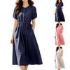 Women Casual Linen Cotton Dress Short Sleeve Shirt Dress with Button Front Waist Drawstring Midi Length Summer Dress