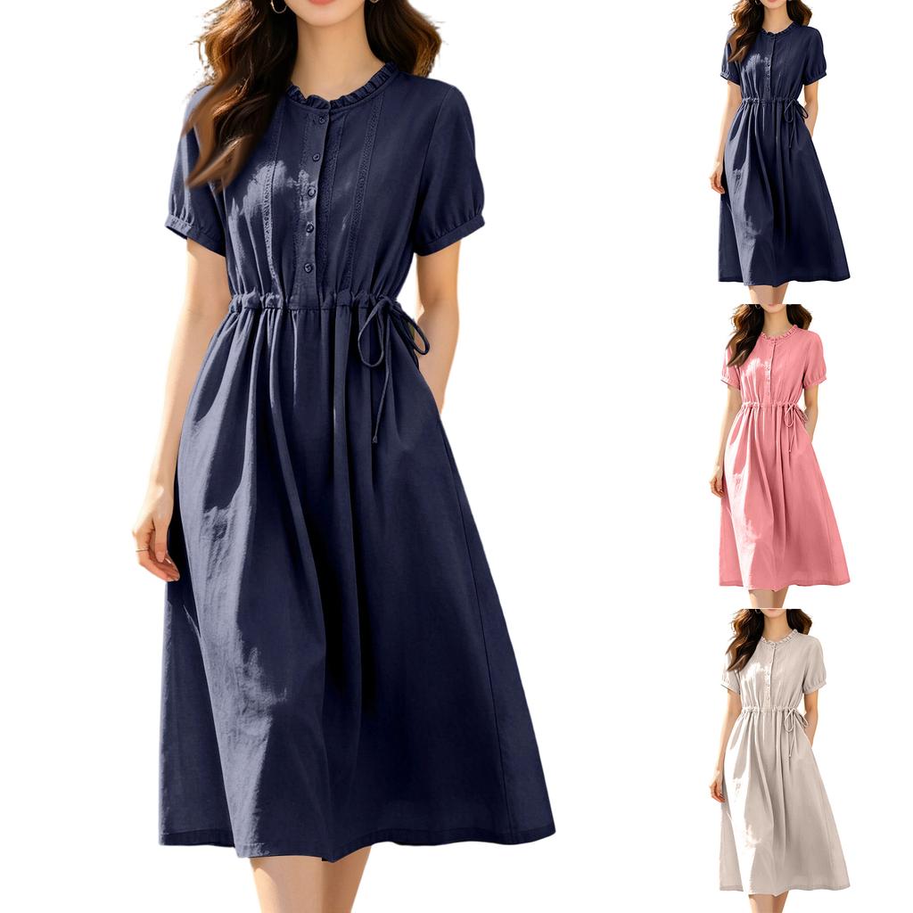 Women Casual Linen Cotton Dress Short Sleeve Shirt Dress with Button Front Waist Drawstring Midi Length Summer Dress