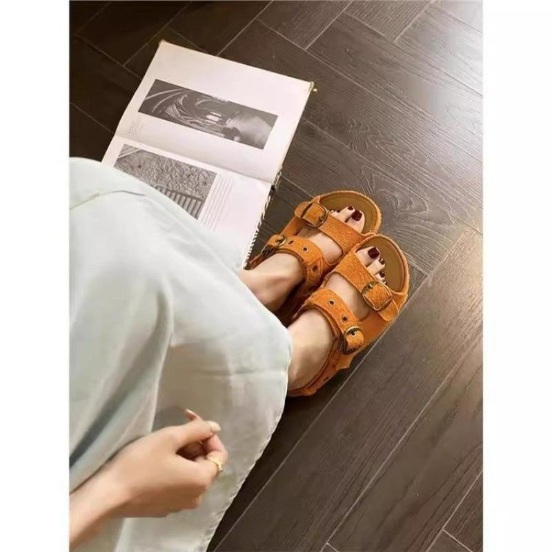 Thick-bottomed heightening Boken cool slippers women's summer 2025 new leather flat-bottomed casual belt buckle one-word slippers