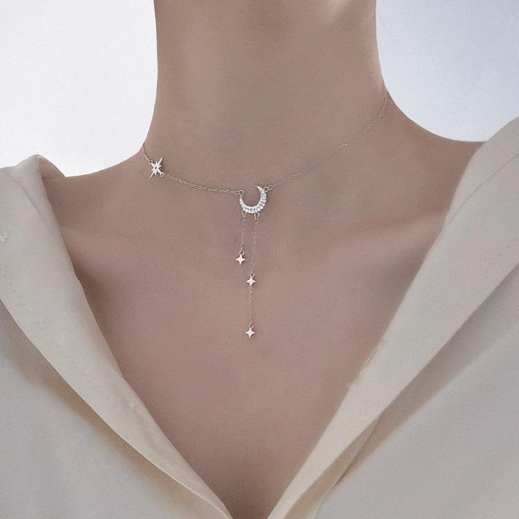 Su Chuang S925 Silver Moon & Star Tassel Necklace: Rhinestone-Inlaid Crescent Collarbone Chain for Women, Light Luxury Design