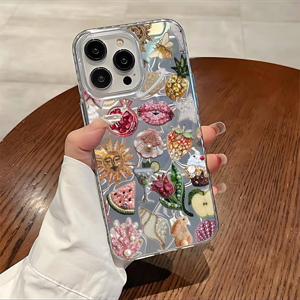 Pomegranate Bead Phone Case For Iphone 16 15 14 13 12 11 Pro Max E Plus Silver Laser Satin Aurora Gradient
