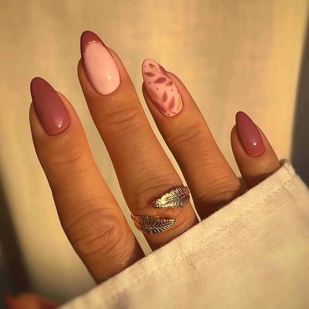 Red Almond Press-On Nails with French Wine and Leaf Design Stickers JP2861 [Glue Type]