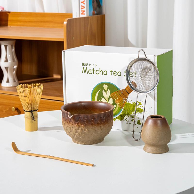 5-8pcs INS coarse pottery gradual change color tea stand matcha bowl set to order tea retro Matcha whisk set of tea tools