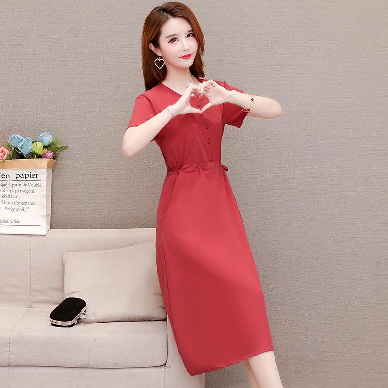 Loose Plus Size Summer Fashion Dress for Middle-Aged & Elderly Women - Solid Color, Mid-Length, Short Sleeves