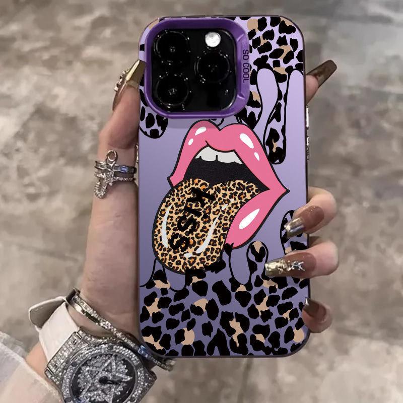 Red Lip Phone Case For iPhone 16 15 14 13 12 11 mini Pro Max X XR XS 8 7 Plus Anti Fall Matte Back Lip Leopard Print Cover