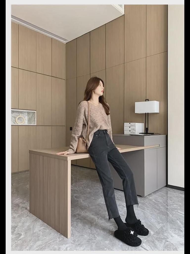 Women's High-Waist Slim Black & Gray Cropped Cigarette Pants for Autumn/Winter