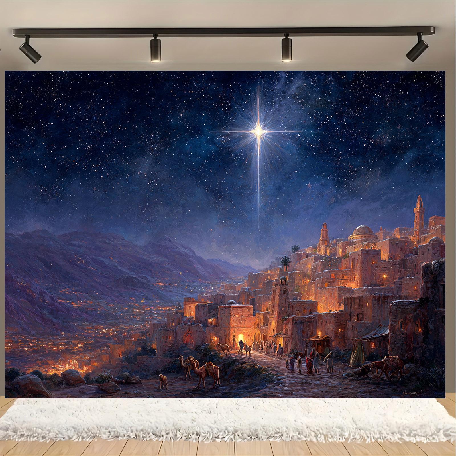 2D plane, 1pc background of the birth of Bethlehem - starry Holy City scene and camels, Middle Eastern architecture - Christmas (as the picture,130x150cm)