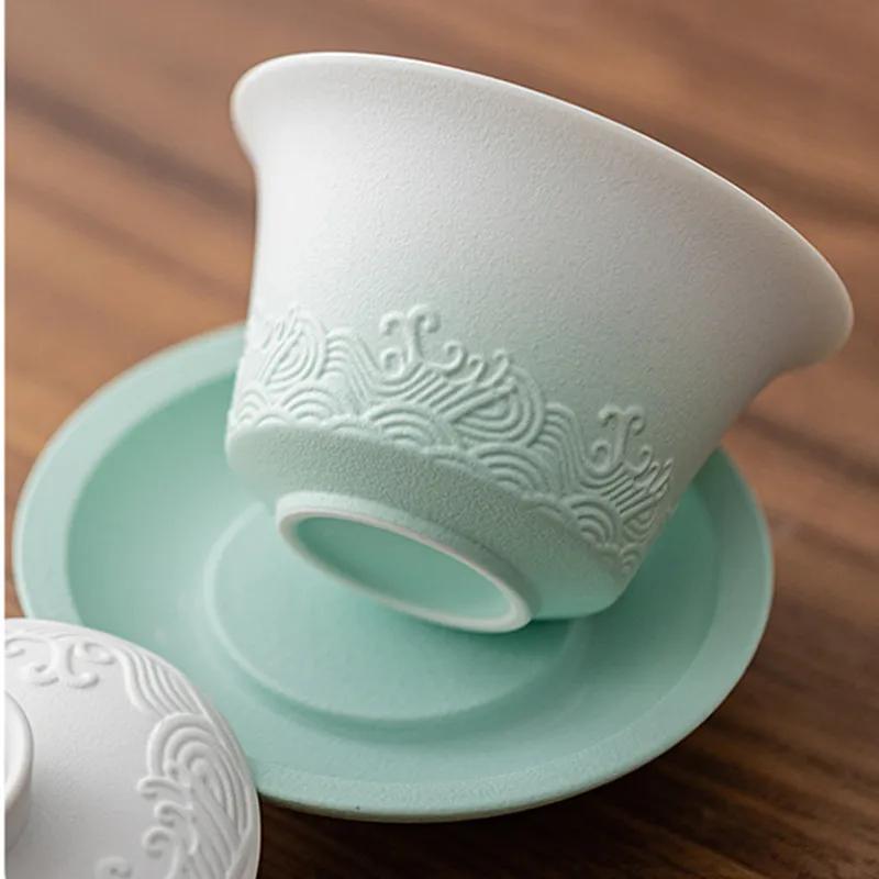 150ml Traditionelle Chinesische Keramik Gaiwan Teetasse Handgefertigt Meereswellen Teeschale Haushalt Schönheits Tee-Infuser Reise Tragbares Teegeschirr