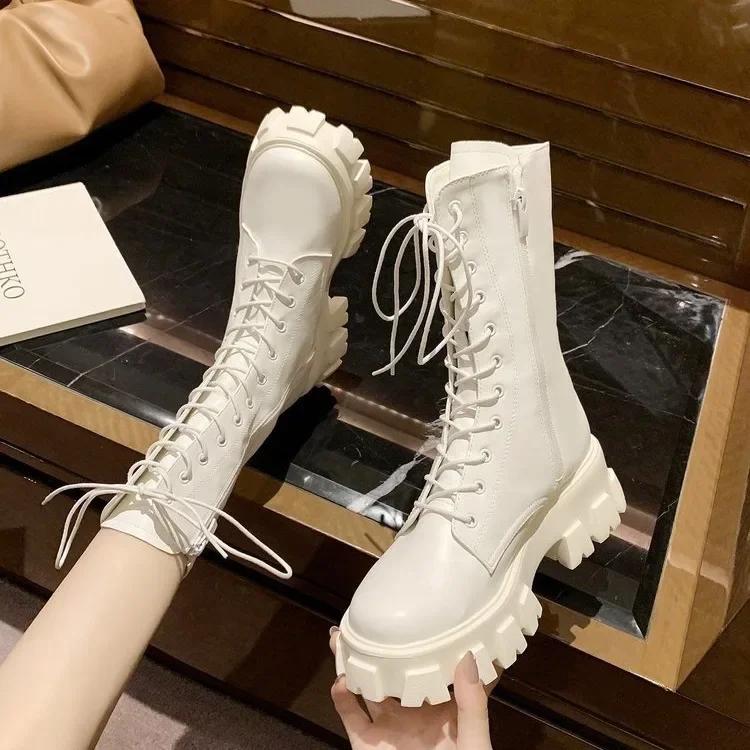 Mid Calf Boots Lace-up Women's Boots Pu Leather Platform Boot Non-Slip Zipper Ankle Boots Fashion Chunky Heel Women Shoes