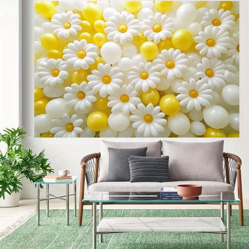 Lebendiger Gänseblümchen- und Ballon-Hintergrund, Florale Szene, Fotografie-Hintergrundtuch
