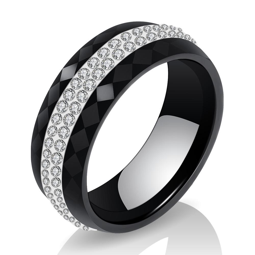 8MM Black and White Ceramic Ring with Dual Row Inlaid Diamonds for Women