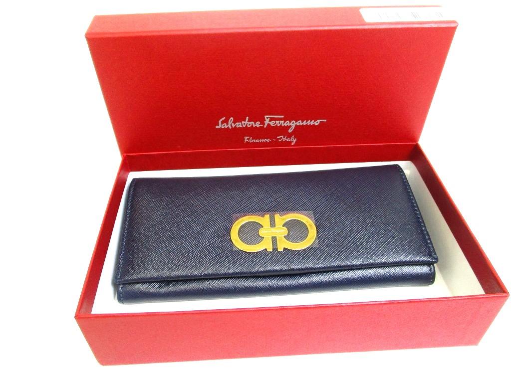 Authentic Salvatore Ferragamo Gancini Navy Blue Leather Gold H/W Flap Long Wallet #b230 Open box
