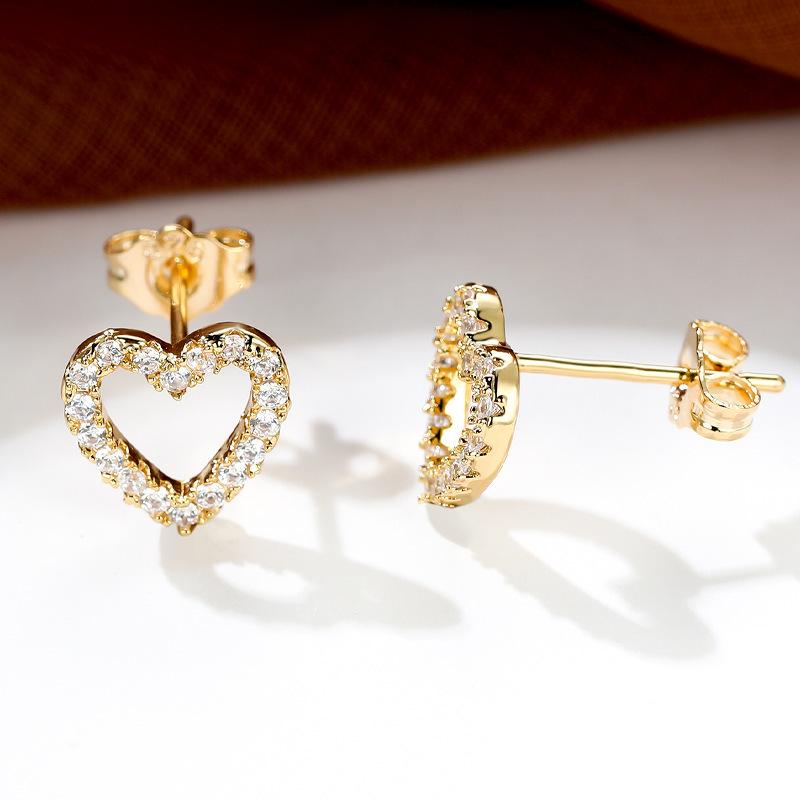 New Micro-inlaid with Diamond Zircon Heart-shaped Rose Gold-plated Stud Earrings Women's Hollow Love Earrings Jewelry