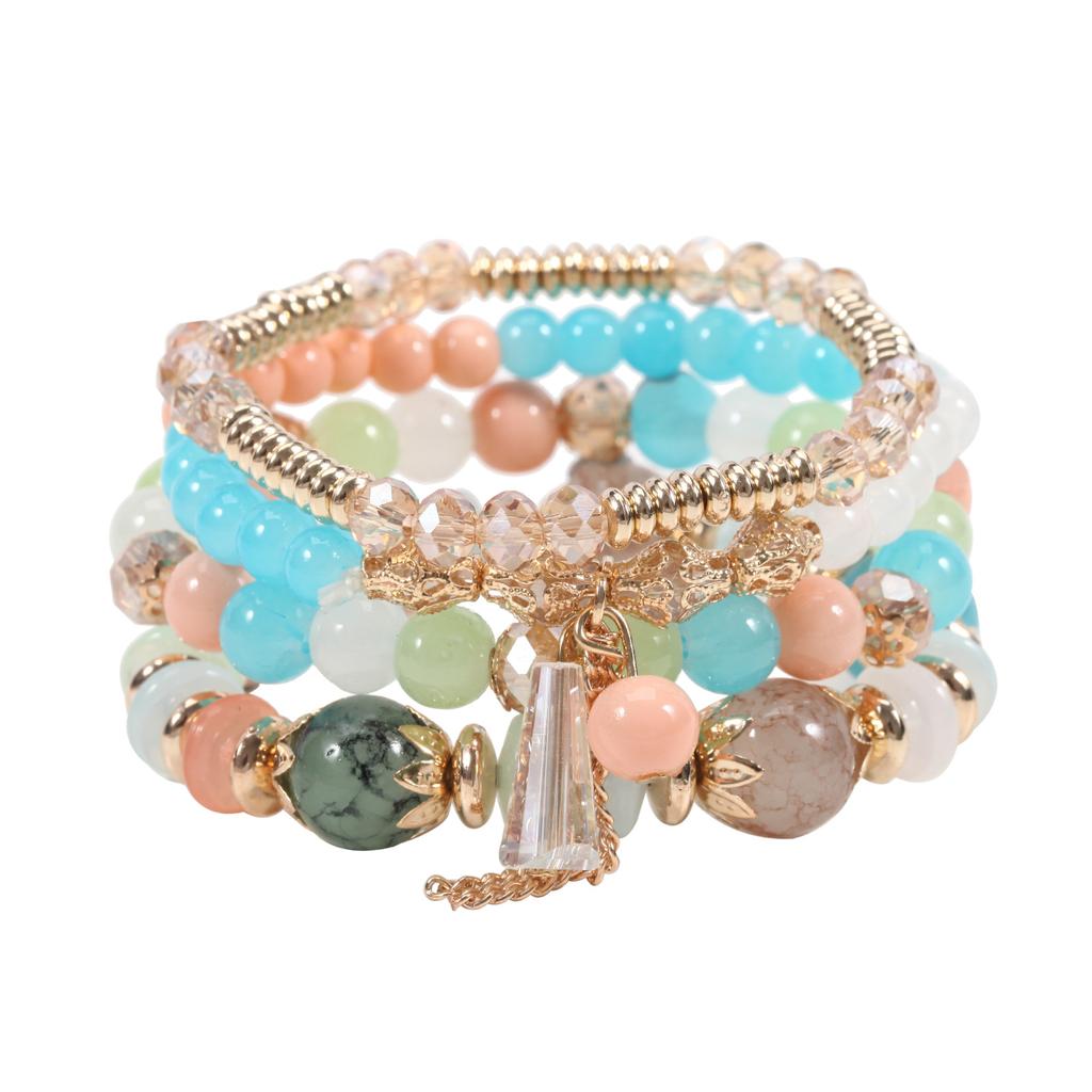 Bohemian Bracelet Imitation Agate Chain Tassel Colored Glass Electroplated Crystal Set Of Four