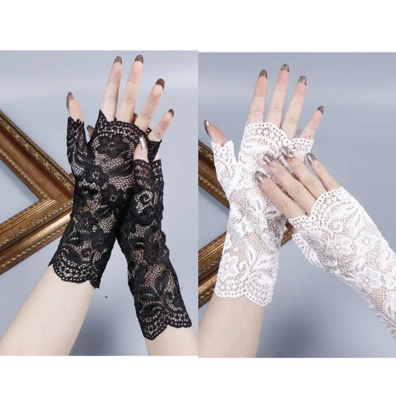 

Summer Sun Protection Gloves Women Lace Half Finger Gloves Scar Cover UV Protection Driving Cycling Gloves Dancing Gloves 20cm (Black + White) two pairs