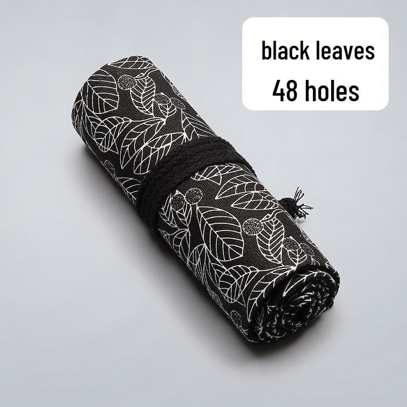 Large Capacity Roll-Up Canvas Pencil Case - Black Leaf, 12-72 Slots for Colored Pencils and Sketching Supplies